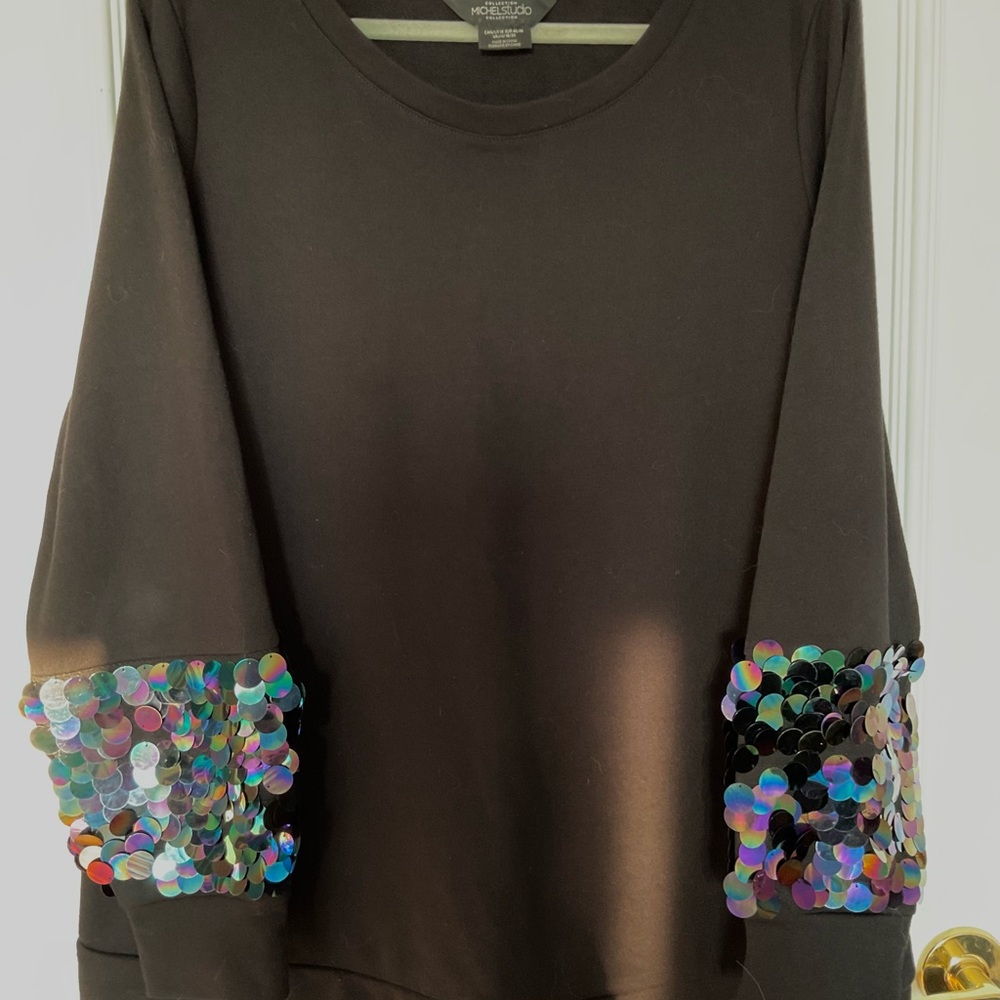 Michel Studio Collection Black Sweatshirt with Multicolor Sequin Sleeves